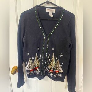 Tiara International Small Black Christmas Sweater  Beaded Embroidery Sequin Bell
